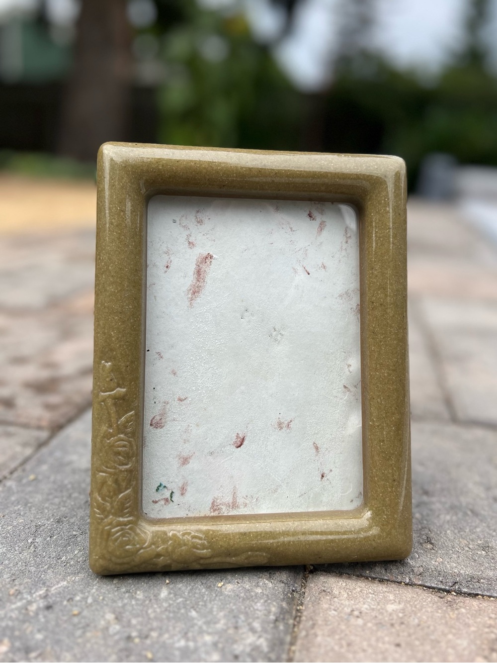 Vintage Carved Soapstone 5x7 Picture Frame by Zhongyi Arts, Polished Olive Green